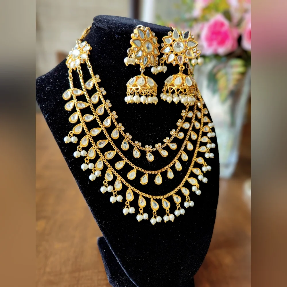 3 tier Kundan necklace Mala with jhumka set/ Indian jewellery/ pakistani jewelry - Picture 5 of 7